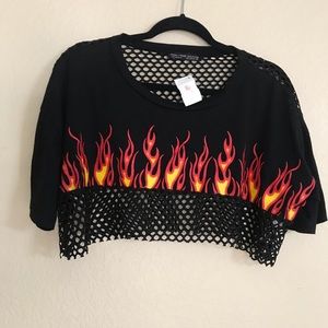 Rock Rose Couture Flame Mesh Crop Tee Sz M